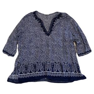 Anne Carson Woman 1X Blue & White Floral Paisley Tunic Blouse